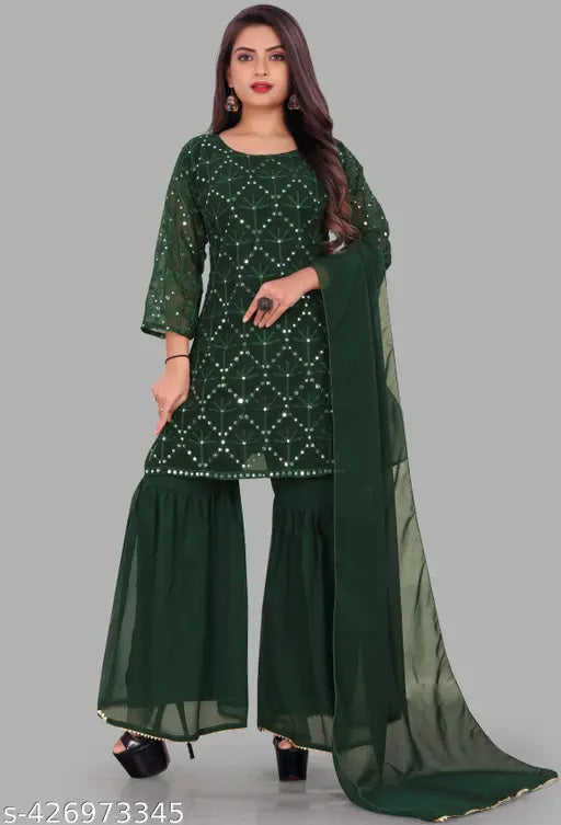 Green georgette kameez sharara with dupatta set, embellished with sequence embroidery, ready to wear outfit for women's festivals and weddings