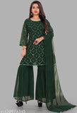 Green georgette kameez sharara with dupatta set, embellished with sequence embroidery, ready to wear outfit for women's festivals and weddings