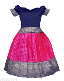 Taffeta silk Zoswa pattu pavadai Lehenga choli for girls, traditional South Indian dress with short sleeves and zari stitch embellishments