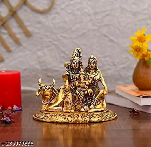 Golden religious idols set, includes Lord Shiva, Ganesha, Nandi, and Kartikeya