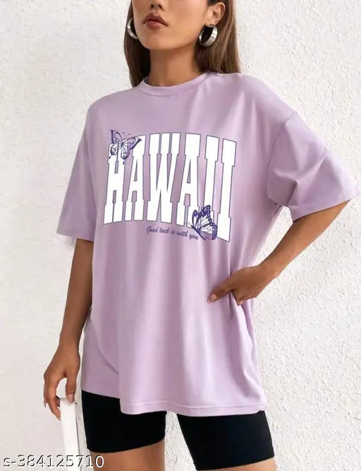 Large purple t-shirt with Hawaii text, short sleeves