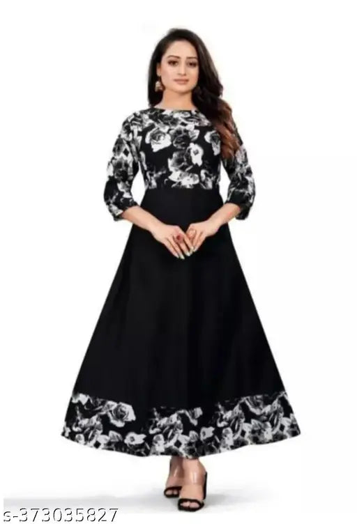 Black crepe Anarkali Kurti, printed combo, three-quarter sleeves. Women's fashion, Indian party dress, presented by Kanaka Enterprises