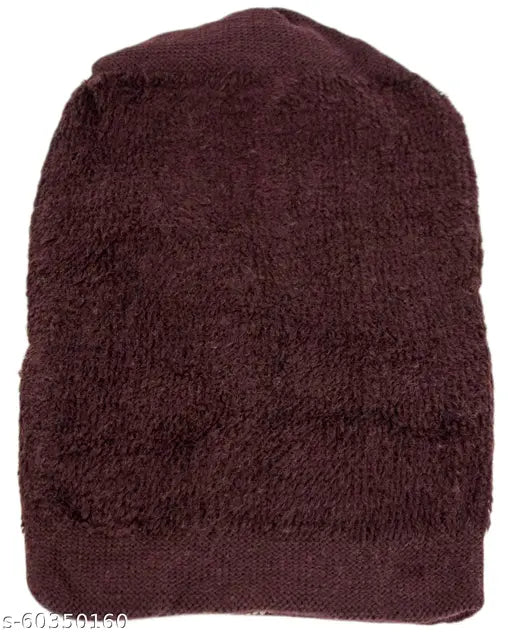 Dark brown woolen beanie cap, long style for men & women - KC291, handcrafted in India