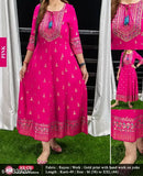 Rayon printed anarkali gown, three-quarter sleeves, vibrant Indian fashion