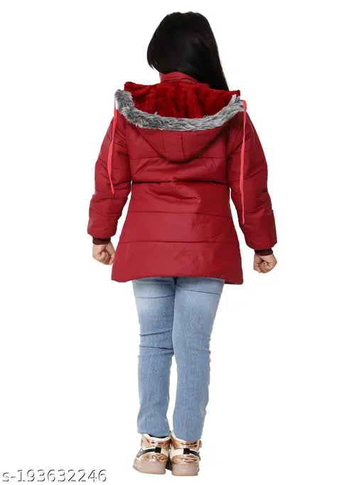 Red padded jacket with fur trim, hooded, women's coat