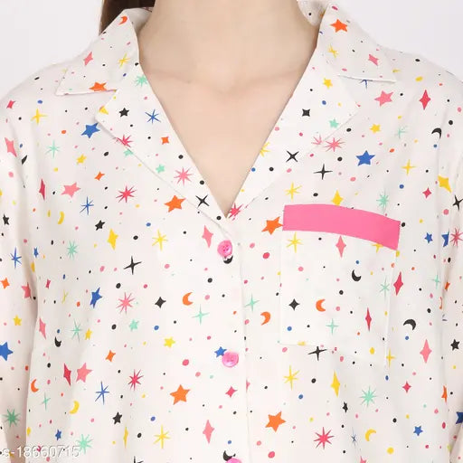 Women's star moon print rayon loungewear set - white pyjama and shirt with long sleeves, printed design on display rack
