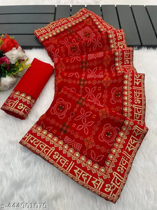 Red chiffon saree, Sada Saubhagayawati design, traditional Durga Puja and Diwali special with separate cotton blouse, printed net pattern, free size (5.3m x 0.8m)
