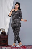 Yashvi cotton-katha nightsuit for women, printed rayon t-shirt with cotton pyjamas bottom, three-quarter sleeves. Indian-made women's sleepwear set in size S, M, L, XL, XXL