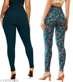 Imported printed leggings for women, high-quality Lycra with black lining. Pack of 2, sizes available from 26 to 36 inches (waist, length, hip). Made in India