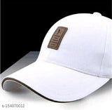 White baseball cap with adjustable strap and a label on the front