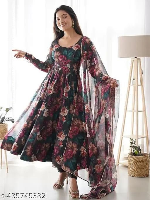 Indian organza gown with dupatta set, printed net pattern, long sleeves
