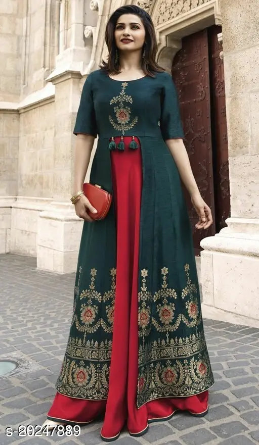 Rayon printed combo JD PRACHI gown, short sleeves, Indian bridal wear, size M (38in bust, 50in length)