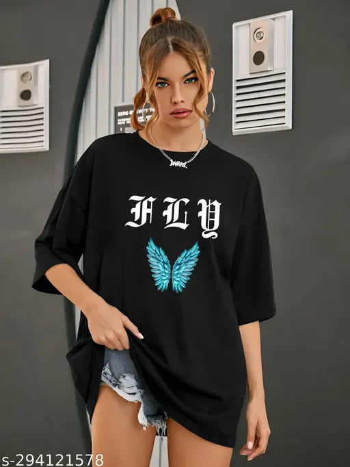 Oversized round neck t-shirt, white print, 34 sleeves, for women