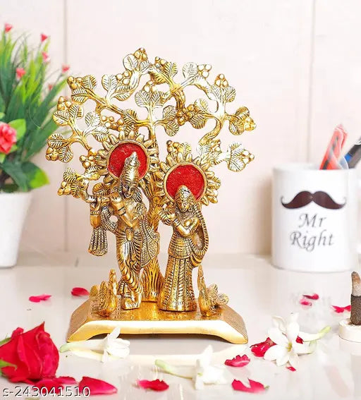 Metal Radha Krishna statue, standing under tree & playing flute, 21 cm (Gold plated)