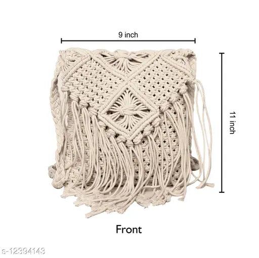 White woven tote with fringe ends, 9 x 6 inches