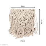 White woven tote with fringe ends, 9 x 6 inches