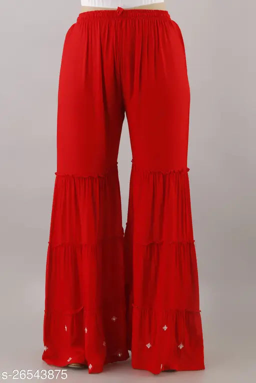 Red rayon SANGAKURTI women's Kurta and Pyjama set, long fringe sleeves, dupatta included