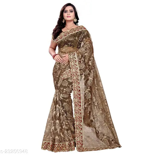 Embroidered net saree with separate dupion silk blouse, free size, Indian fashion accessory