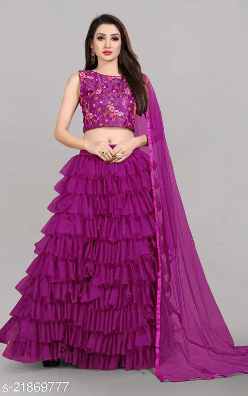 Silk & net embroidered Myra ensemble women's lehenga with ruffle dupatta, semi-stitched (38/41 in), India