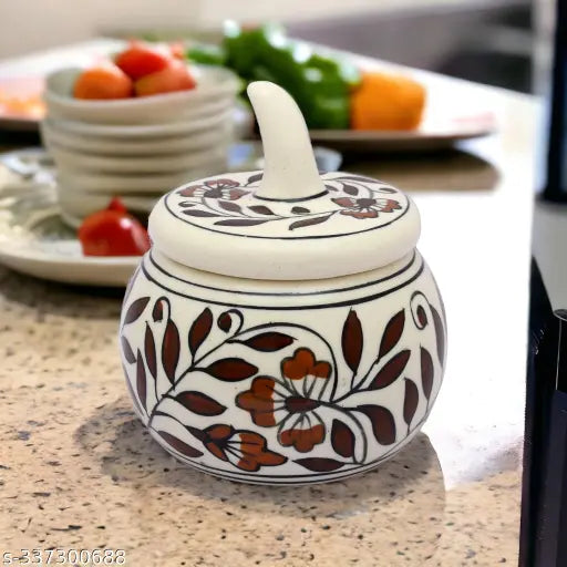 Brown ceramic jar set, featuring a lid, for pickling or dining table decor. Includes two jars, perfect gift for family. Handcrafted with traditional Indian malaikah design