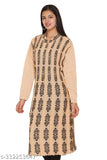 Women's long sleeve wool kameez in full length, patterned design on beige background, no sleeves visible