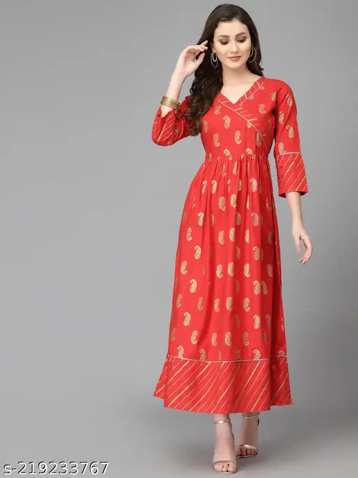 Embroidered flared Rayon Kurta for women - Indian ethnic design in three-quarter sleeves, catchy and stylish
