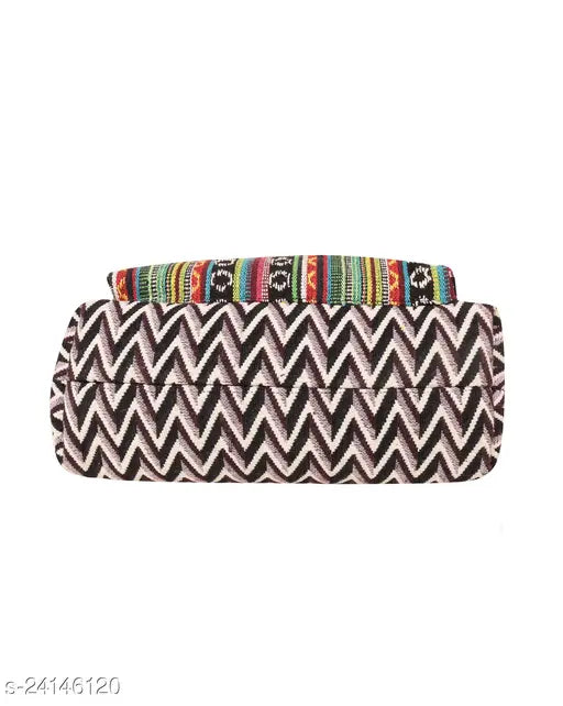 Medium-sized sling bag with purple and white striped pattern, shoulder strap
