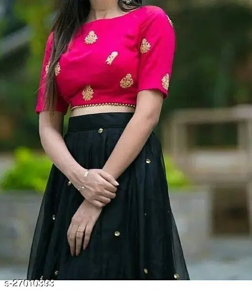 Black dupion silk and net embroidered semi-stitched lehenga choli for Indian bridal wear, featuring a 42 inch waist and 44 inch length