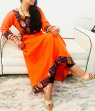 Orange rayon slub flared printed kurti, three-quarter sleeves, Indian women's fashion