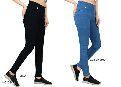 Denim skinny fit stretchable high waist elastic ankle length jeggings for women - black & dxblue, pack of 2 (size options available)