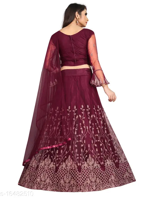 Maroon embroidered nylon net wedding lehenga with unstitched blouse, intricate design on flared silhouette