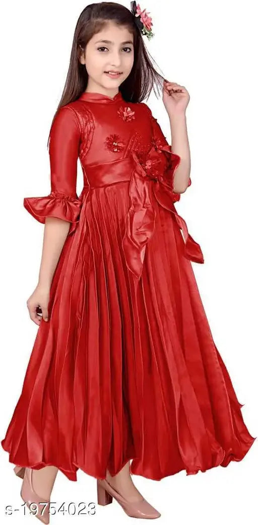 Maroon satin frock for girls, solid pattern, three-quarter sleeves, size 3-4 years