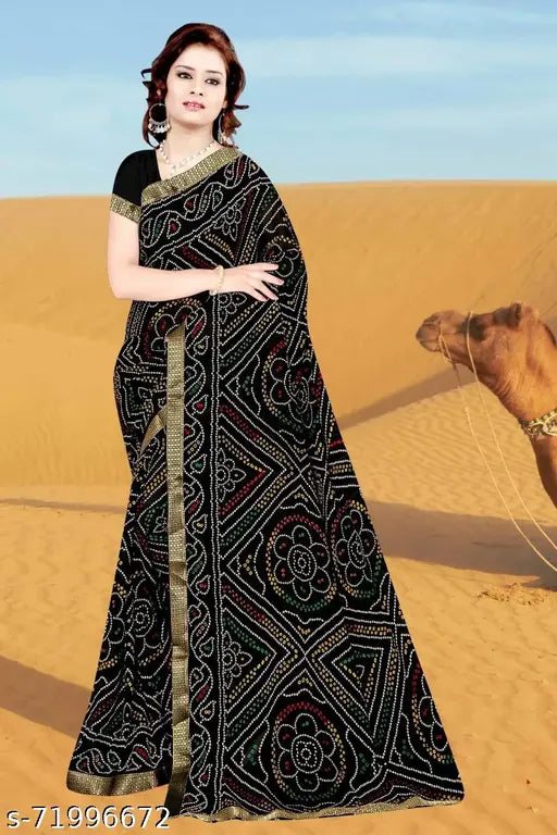 Black chiffon saree with digital print Bandhani, separate art silk blouse piece