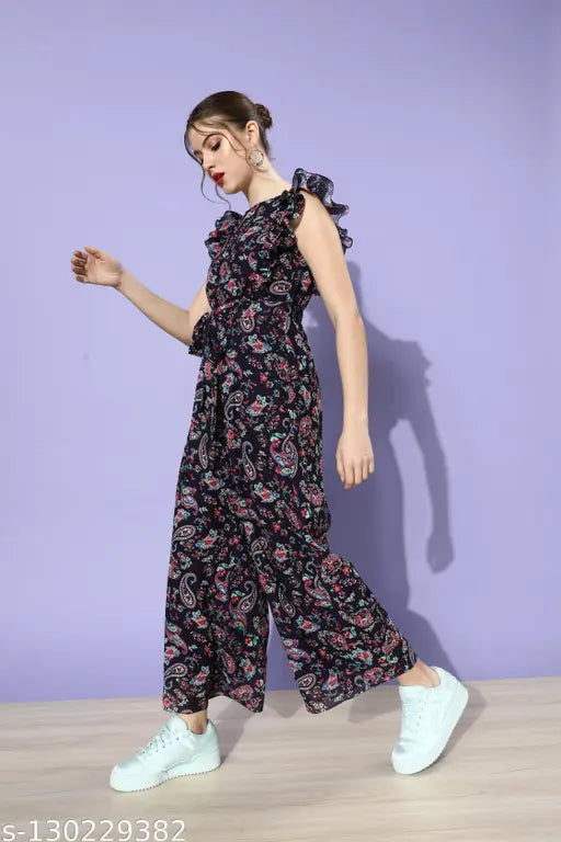 Multicolor women's polyester jumpsuit, navy blue floral design with frills and tie-up detailing - Miss Chase