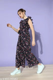 Multicolor women's polyester jumpsuit, navy blue floral design with frills and tie-up detailing - Miss Chase