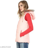 Pink nylon sleeveless half-puffer jacket for women, ideal for winter. Made in India." (103 characters)