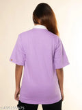 Maniac Women Printed Polo Neck 3/4th Sleeve Lavender Cotton Oversized Tshirt