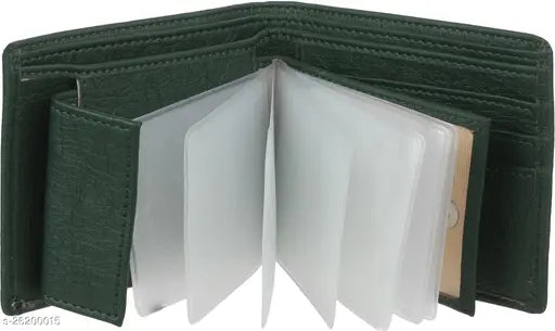 Green PU leather wallet with chain coin pocket, ideal for men's style & organization. SAMTROH green album design, free size (9cm x 11cm)