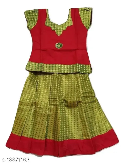 Green multicolor South Indian Pattu pavadai lehenga choli for baby girls, art silk traditional trendy attire for infants