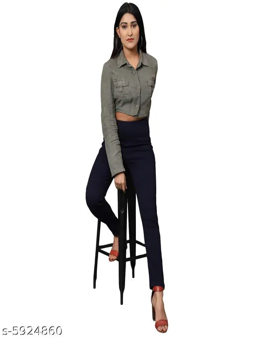 Solid navy blue denim skinny fit stretchable high waist jeggings with elastic closer, ankle length for women