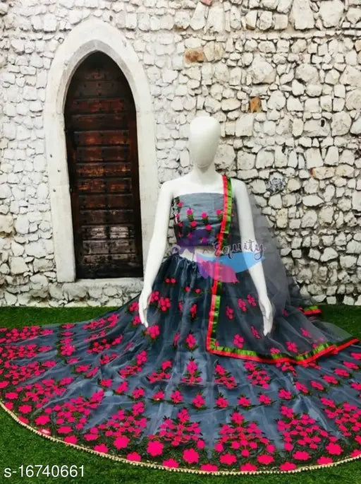 Embroidered Dupion silk and net lehenga set with lace dupatta, semi-stitched (waist 43m, length 44m, dupatta 2.1m), Indian bridal wear