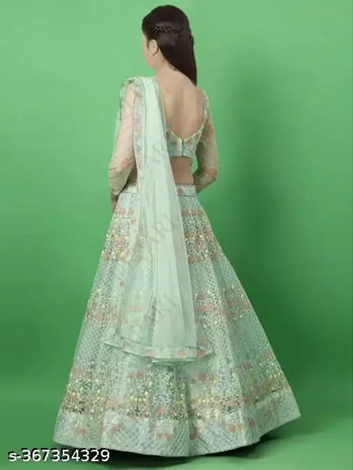 Light green embroidered lehenga choli (Pack of 1), Indian Western wear for girls aged 9-14 years, net fabric with semi-stitched semi-stitches