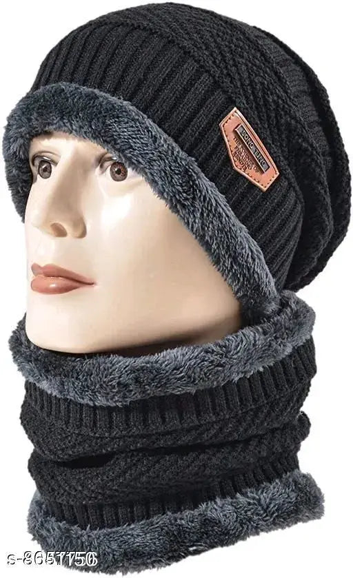Mens winter beanie and cap set, black and blue, with embroidered logo