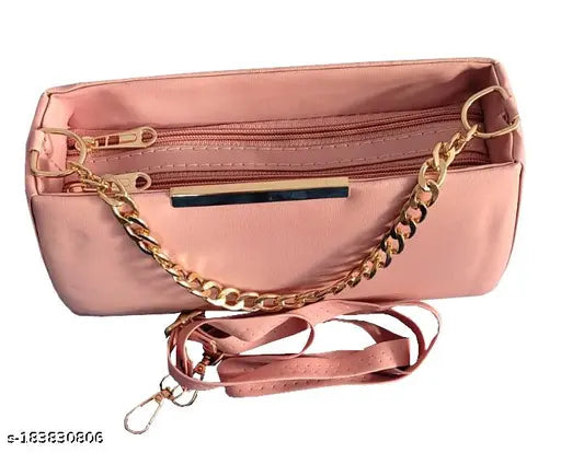 Pink fabric with gold chain, box pattern, 2 shoulder straps, girls' slingbag, cross-body bag