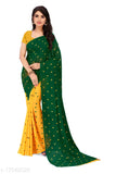 Yellow and green polka dot print georgette saree with blouse piece