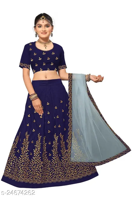 Embroidered satin BADLO lehenga with net dupatta for girls aged 8-15 years, semi-stitched for custom tailoring, Indian craftsmanship