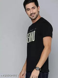 100% cotton black men's round neck t-shirt with printed design, short sleeves, ideal for casual wear