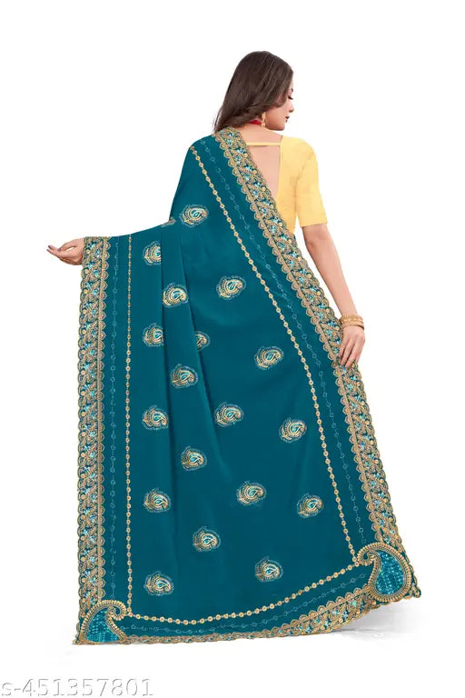 Women's Georgette Saree with Semi-Stitched Blouse - Embroidered, elegant Indian traditional wear made from flowy fabric