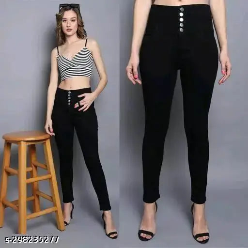 Black cotton blend girls' jeggings pack of 1, solid pattern for party wear or high-waist casual style. Sizes available: 24, 26, 28, 30, 32 (waist 24-32, length 38 in). Made in India