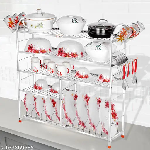 Stainless steel wall-mounted kitchen storage rack, 5 shelves, lower 2 plate shelf, dish and cutlery stand, modular design, holds plates, bowls, and utensils
